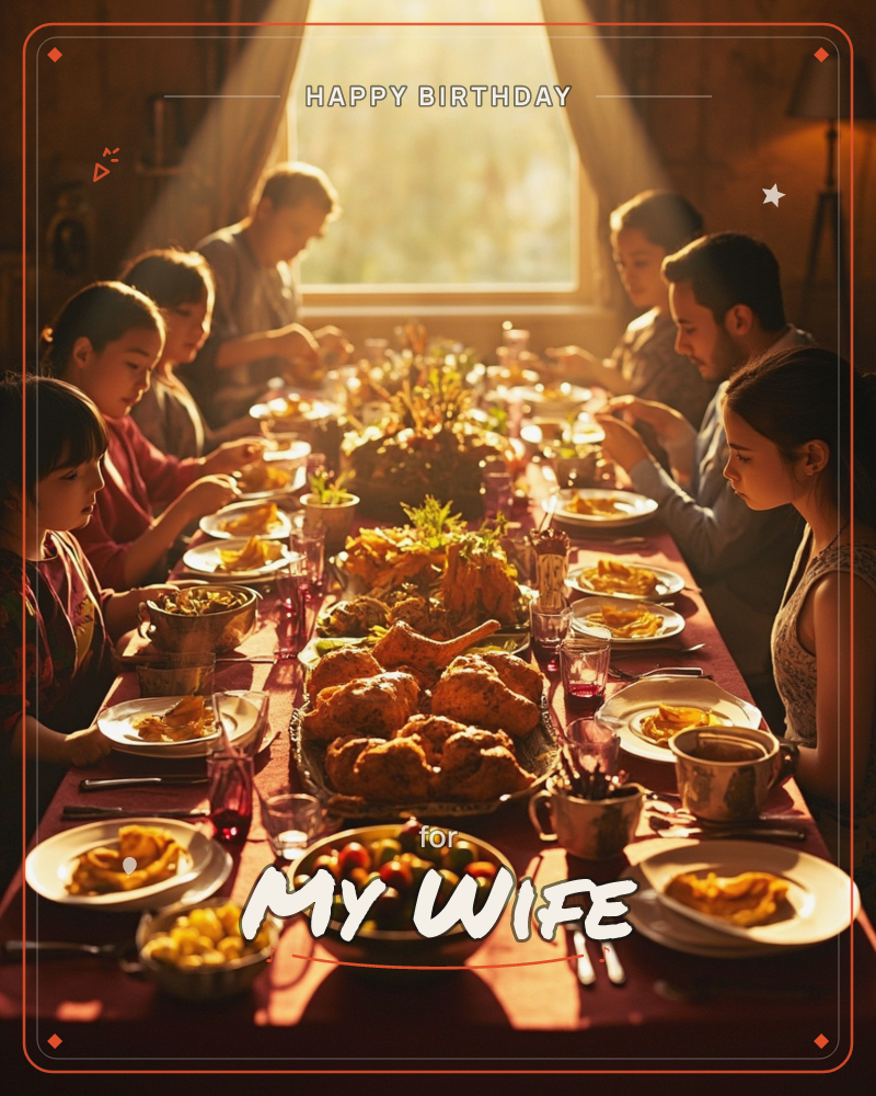 A family gathers around a long table piled with roasted meats, potatoes, and colourful side dishes, sunlight streaming through a curtained window…, a birthday e-card design