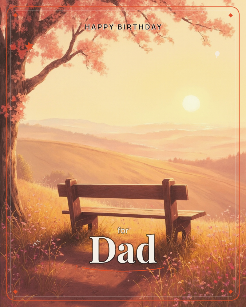 A wooden bench sits empty beneath a blossoming pink-leaved tree, overlooking golden rolling hills as the sun hangs low on the horizon, a birthday e-card design