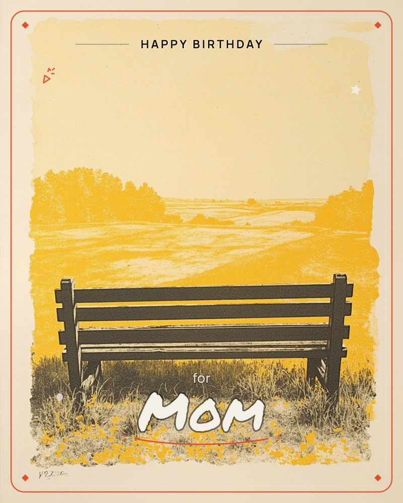 A print of an empty wooden bench faces out over open fields toward a distant tree line, the whole landscape rendered in golden yellow tones with a…, a birthday e-card design