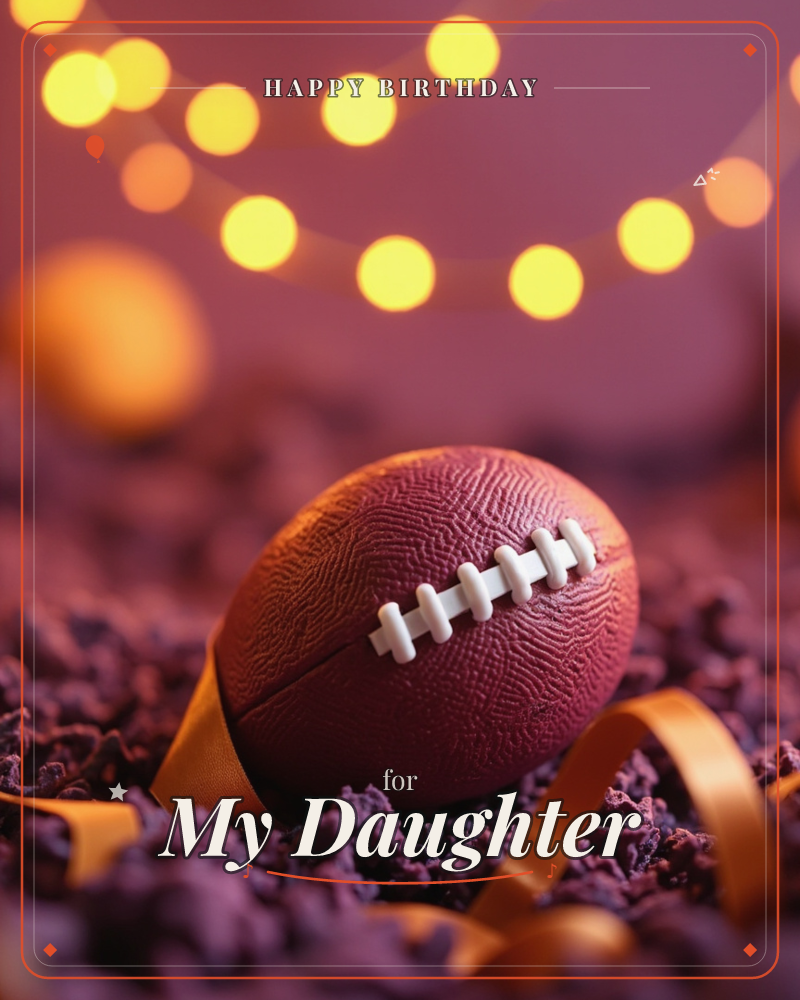 A miniature football rests on a bed of dark, shredded paper filler, its white laces catching the light, a birthday e-card design