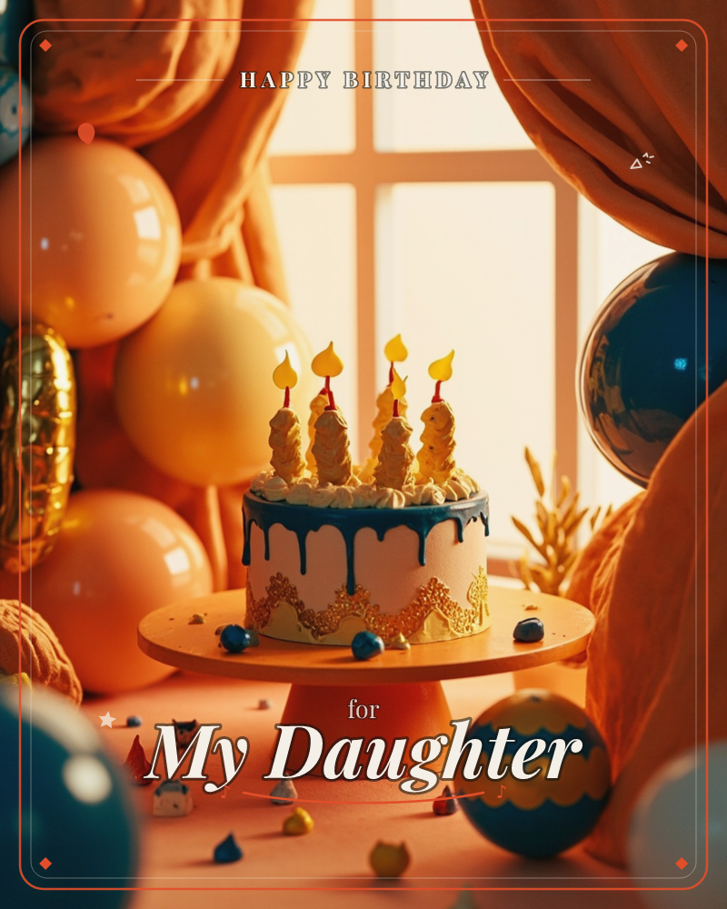 A birthday cake with navy drip icing and gold lace trim sits on a mustard pedestal stand, four flame-shaped candles lit on top, a birthday e-card design