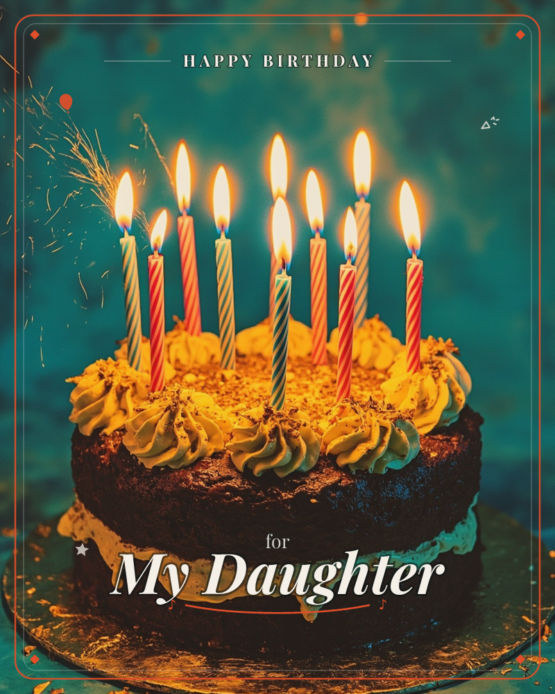 A rich chocolate layer cake with dripping buttercream frosting sits against a deep teal, mottled backdrop, its swirled icing edges scattered with cocoa…, a birthday e-card design