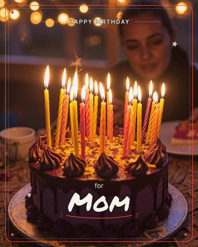 A chocolate drip cake glows with a crowd of tall, lit candles in yellow and red-striped wax, their flames caught mid-flicker with a spark of sparkler…, a birthday e-card design