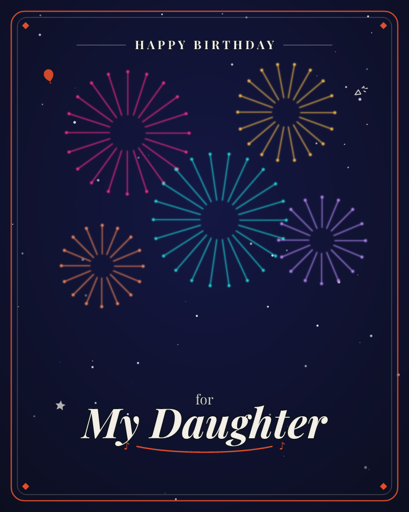 A deep navy night sky is scattered with tiny white stars and five bursts of fireworks rendered as simple starburst circles in pink, gold, teal, orange…, a birthday e-card design by @DittyCityTeam