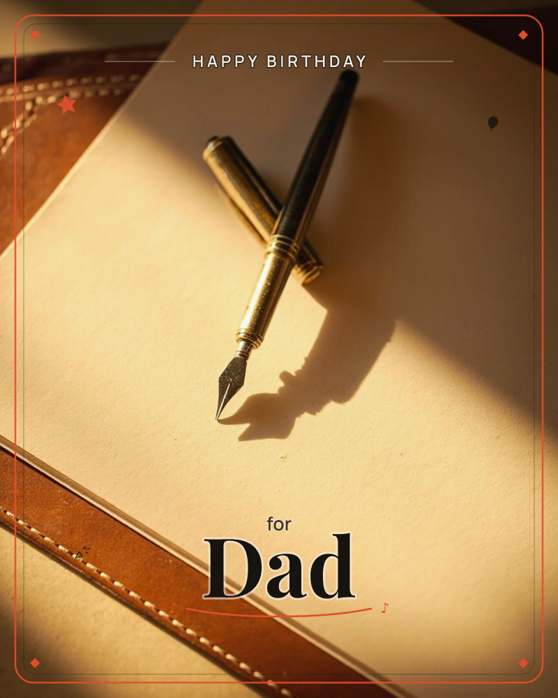 A gold fountain pen with its cap set aside rests diagonally across a blank cream page, cradled in a stitched leather journal, a birthday e-card design