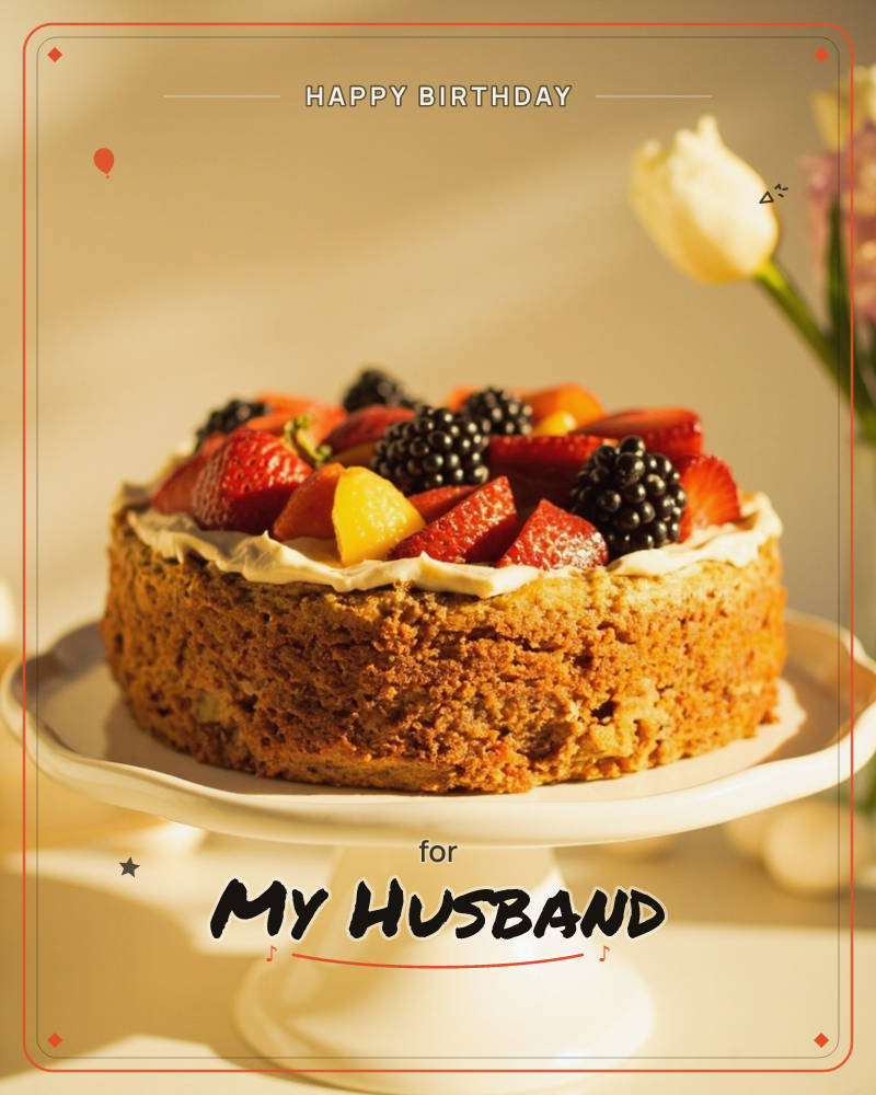 A single-layer cake sits on a white pedestal stand, its top spread with pale frosting and piled high with strawberries, blackberries and slices of peach, a birthday e-card design
