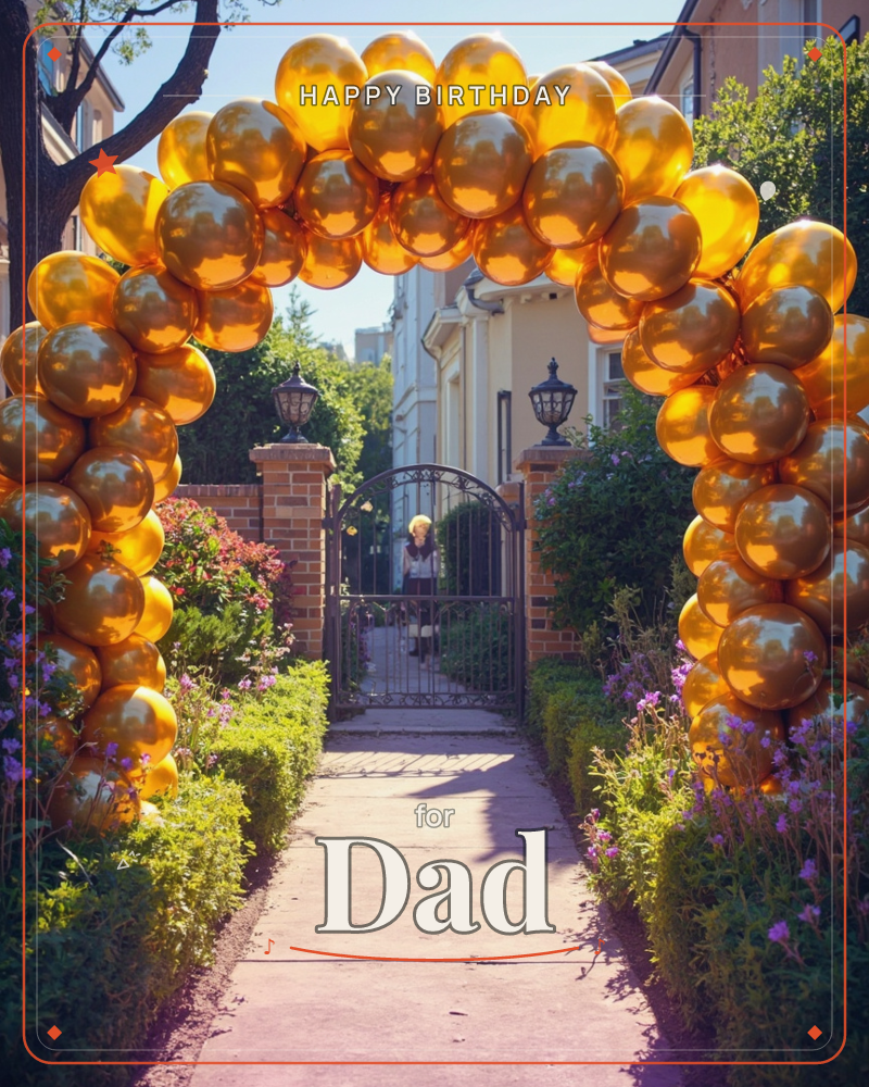 A shining arch of golden balloons frames a garden pathway, leading toward an open iron gate where a woman stands waiting, a birthday e-card design