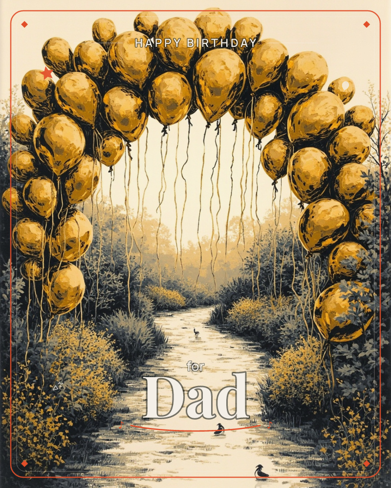 A dense arch of golden balloons stretches over a quiet stream winding through wild brush, their strings trailing down into the water where small ducks…, a birthday e-card design