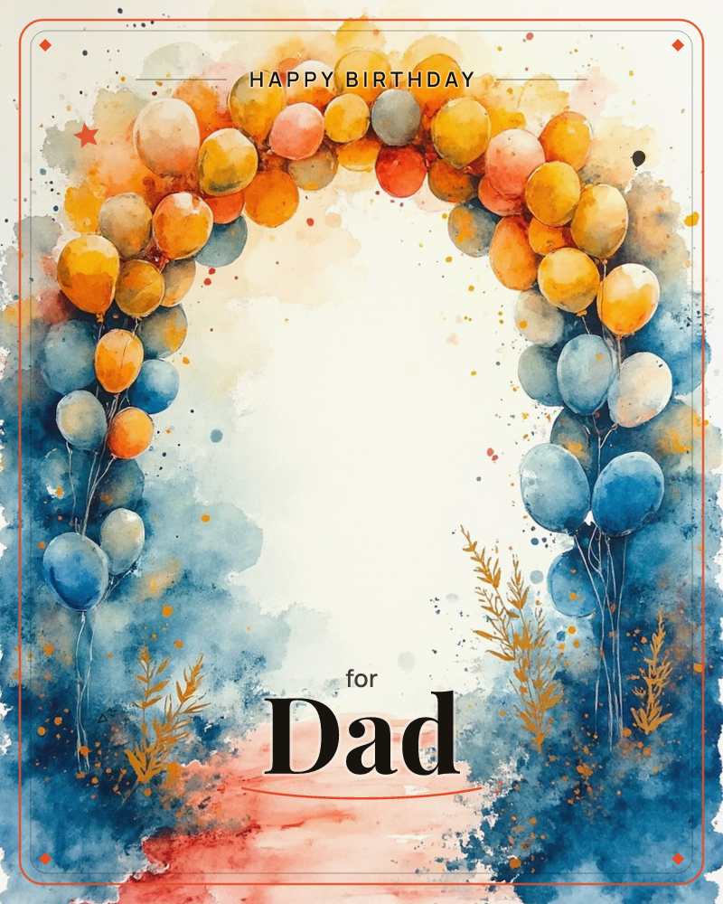 A watercolour arch of balloons in amber, gold, and slate blue frames an open, glowing centre, with a soft pink pathway leading toward it and…, a birthday e-card design