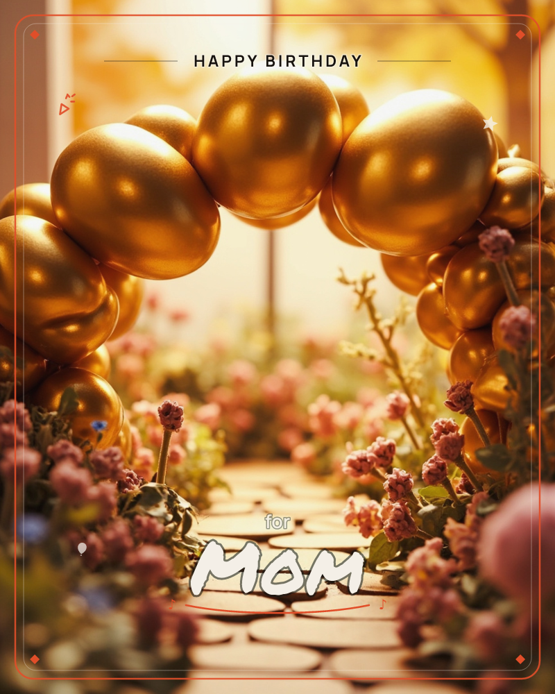 A cluster of glossy golden balloons forms an archway over a stone garden path, framed by pink blossoms and soft greenery, a birthday e-card design