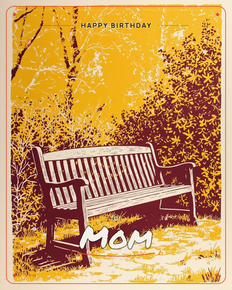 A wooden park bench sits empty beneath autumn trees, rendered in a bold two-colour woodcut of golden yellow and deep maroon, a birthday e-card design