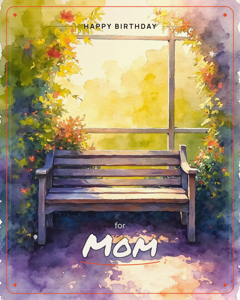 An empty wooden bench sits beneath a garden trellis draped in flowering vines, their orange and yellow blooms glowing against a hazy golden backdrop, a birthday e-card design