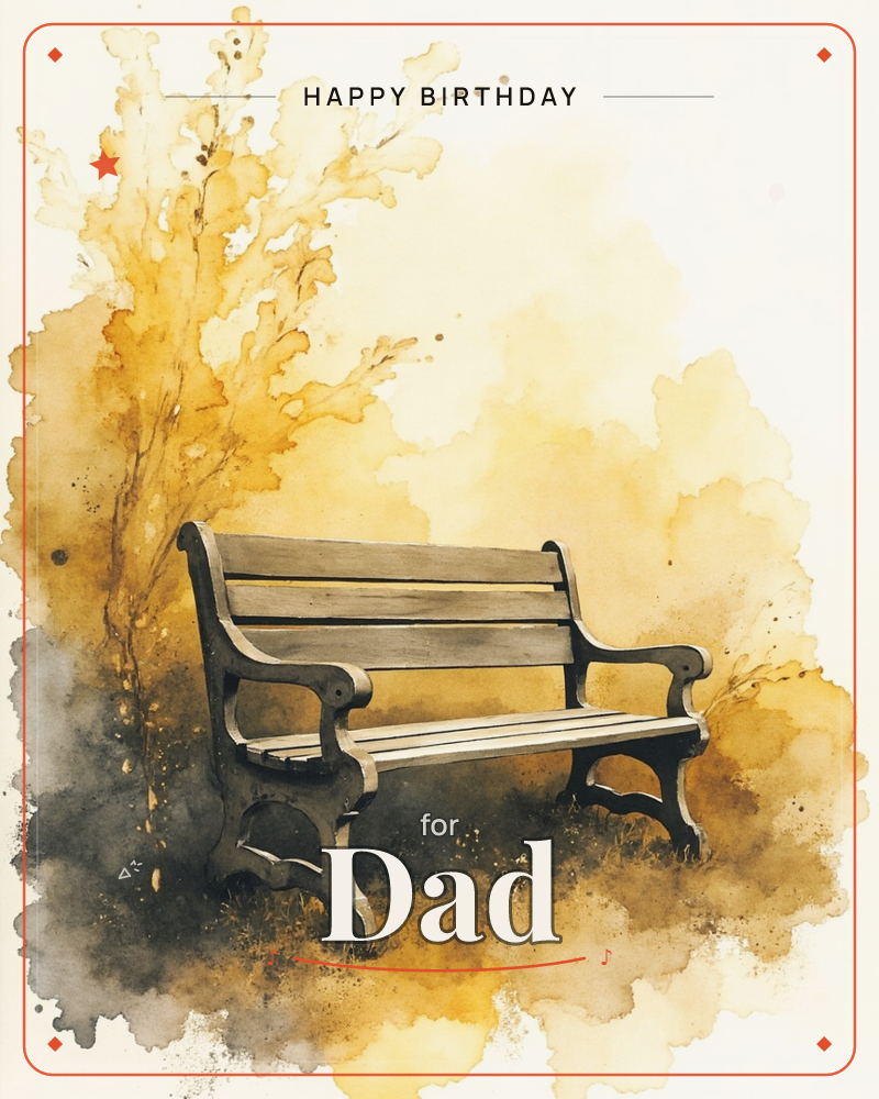 An empty wooden park bench with ornate cast-iron legs sits beneath a golden, wind-blown tree, its branches rendered as loose splashes of amber watercolour, a birthday e-card design
