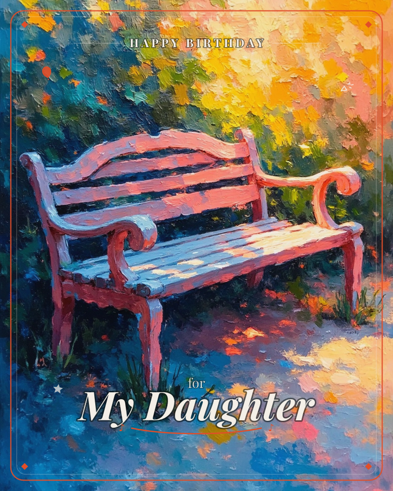 An empty wooden garden bench sits in a patch of dappled sunlight, its curved armrests and slatted back rendered in thick, glowing brushstrokes, a birthday e-card design