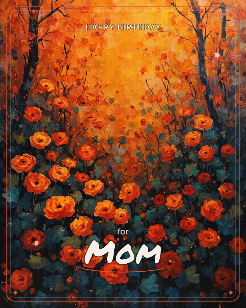 A dense field of orange and rust-coloured roses fills the foreground, their teal-green leaves grounding the blaze of colour above, a birthday e-card design