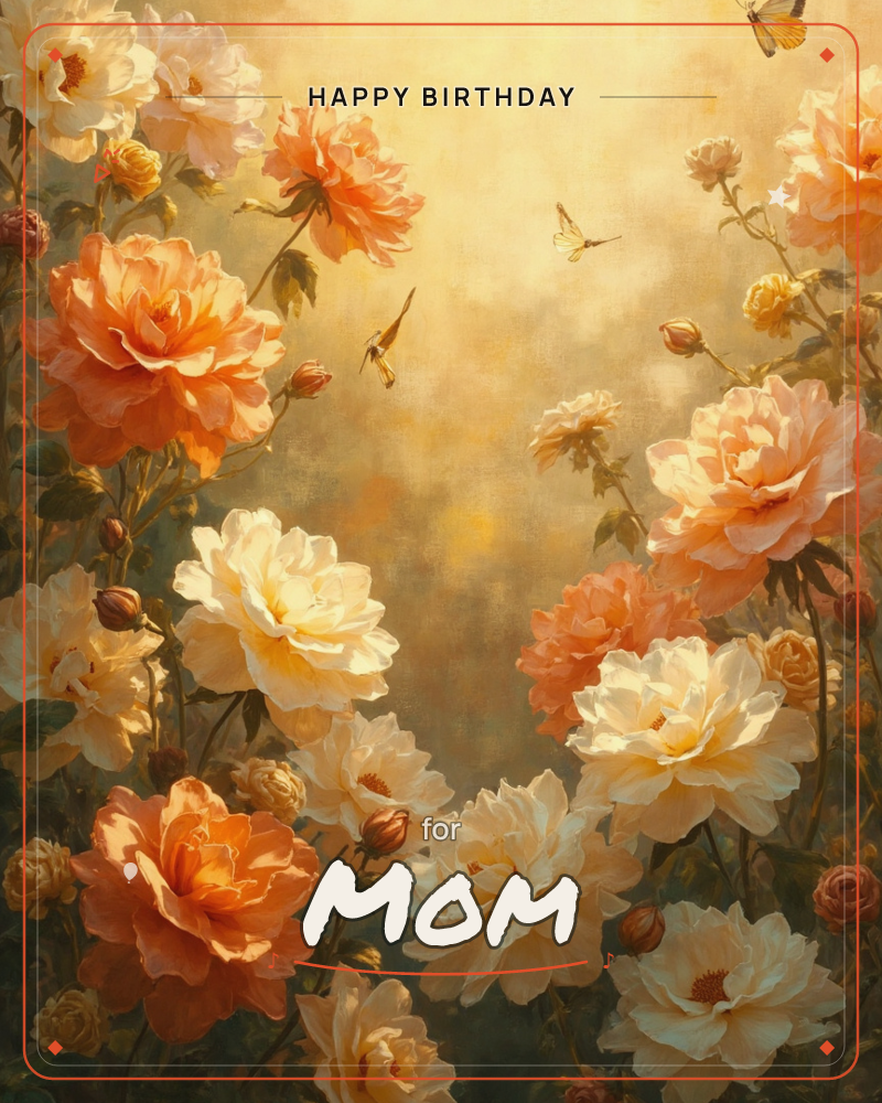 Full-blown roses in cream and apricot crowd both sides of the frame, their petals catching a warm golden light that glows from the misty centre of the…, a birthday e-card design