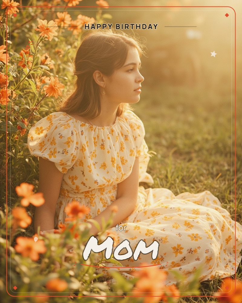 A woman in a puff-sleeved, floral-print dress sits in a grassy field surrounded by clusters of orange blooms, gazing off to the side, a birthday e-card design
