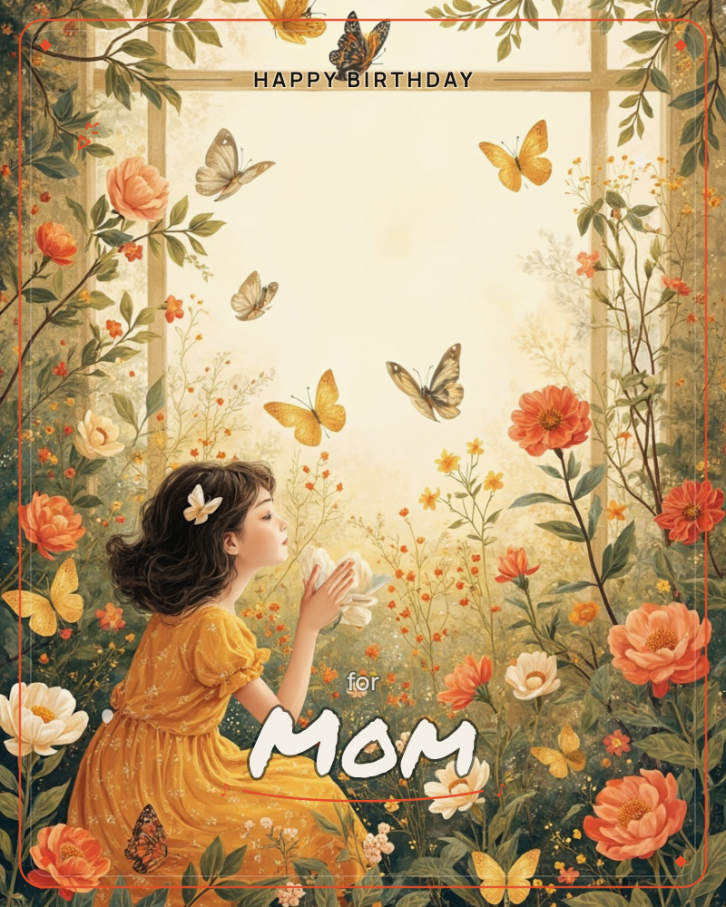 A young girl in a golden-yellow dress kneels among wildflowers, cupping her hands as a cloud of butterflies drifts around her toward an open window…, a birthday e-card design