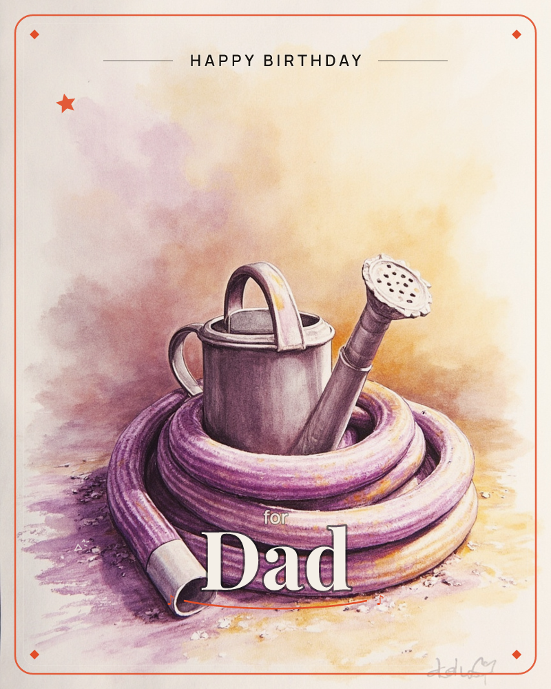 A weathered metal watering can sits nestled in the coiled loops of a garden hose, rendered in soft watercolour washes of dusty mauve and warm ochre, a birthday e-card design