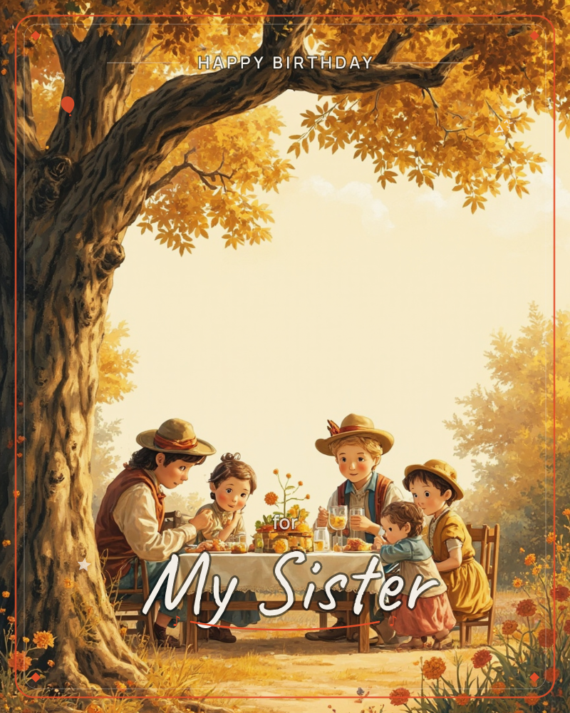 A golden autumn tree with sweeping branches shades a small gathering seated at a table set with fruit and drinks, a birthday e-card design