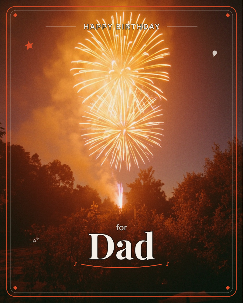 Two golden fireworks bloom one above the other against a smoky night sky, their trailing sparks fading into orange haze over a dark treeline, a birthday e-card design