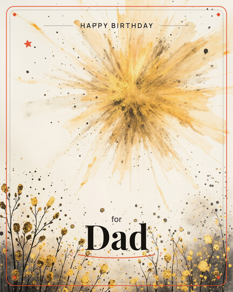 A burst of golden light explodes across a pale cream sky, its rays fraying into ink-black speckles that drift downward like falling embers, a birthday e-card design
