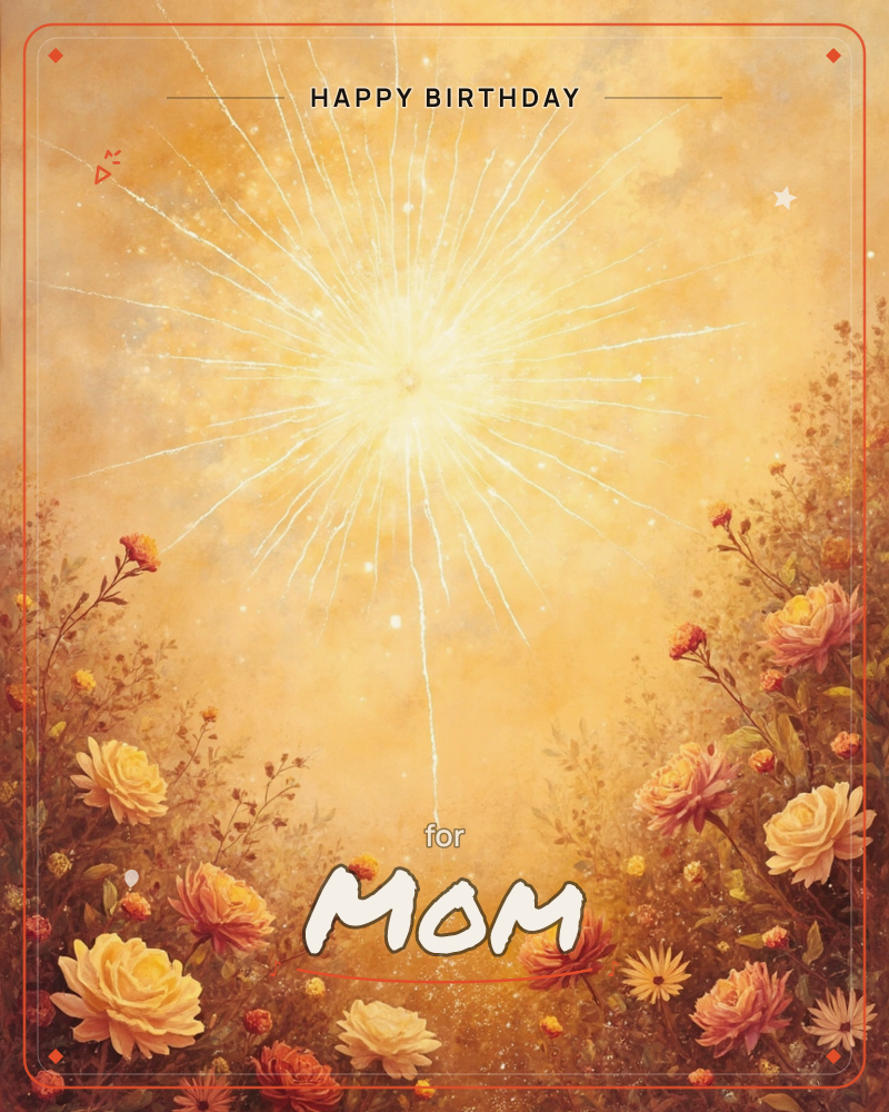 A radiant starburst of white light blazes at the top of a golden, hazy sky, its rays spilling down like fireworks over a border of blooming roses and…, a birthday e-card design