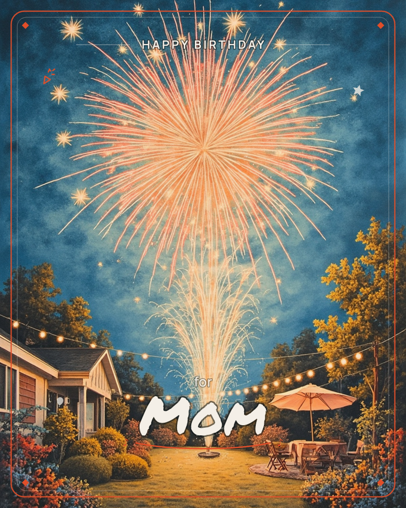 A backyard glows under a deep blue evening sky as a huge peach-gold firework bursts overhead, its trail rising from a spot near the flowerbeds, a birthday e-card design