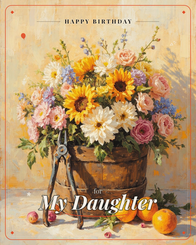 A wooden bucket overflows with sunflowers, white daisies, pink roses and sprigs of blue delphinium, set against a sunlit ochre wall, a birthday e-card design