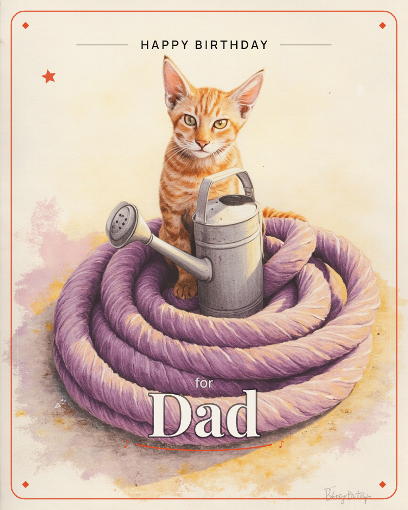 An orange tabby kitten perches atop a neatly coiled purple garden hose, one paw resting on a small metal watering can beside it, a birthday e-card design