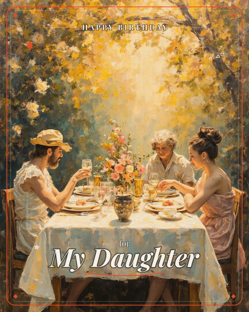 Three people share an outdoor meal beneath a golden canopy of autumn leaves, a vase of pink roses set between them on a white tablecloth, a birthday e-card design