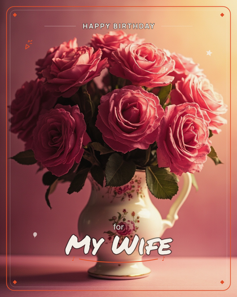 A full bouquet of deep pink roses sits gathered in a cream porcelain jug painted with tiny rose sprays, glowing against a warm rose-toned backdrop with…, a birthday e-card design