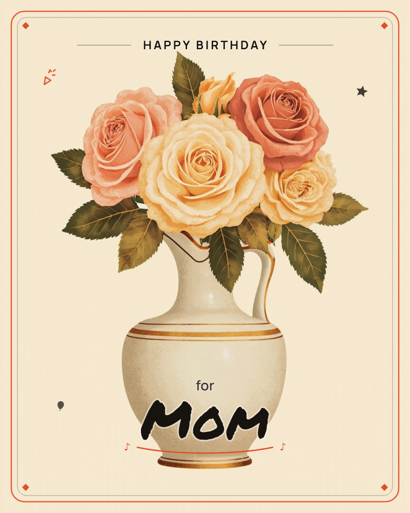 A cream ceramic pitcher with gold trim holds a full bouquet of roses in shades of peach, coral and butter yellow, their petals rendered in soft layered…, a birthday e-card design