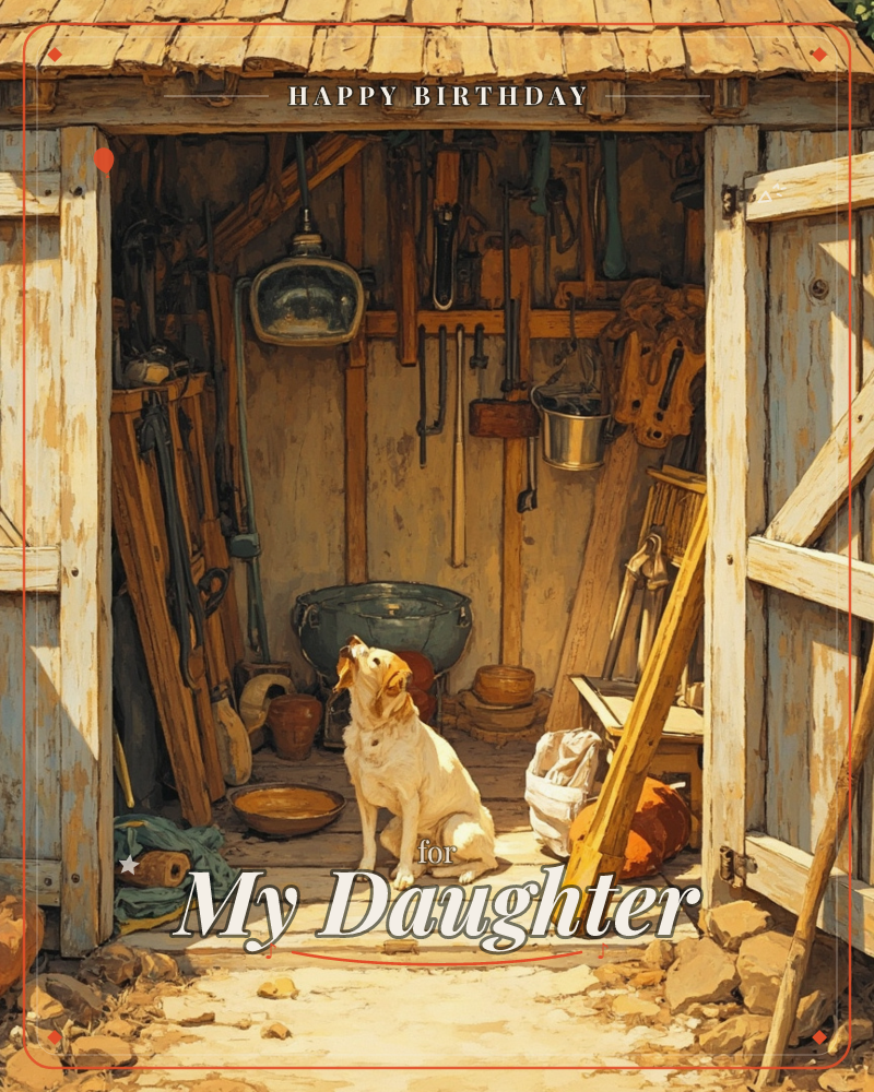 A yellow dog sits inside an open wooden shed, looking up toward the doorway where sunlight pours in across the dirt floor, a birthday e-card design