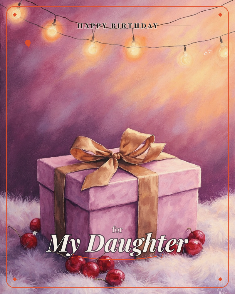 A pink gift box tied with a wide gold satin bow sits on a soft snowy ledge, scattered with dark cherries, a birthday e-card design
