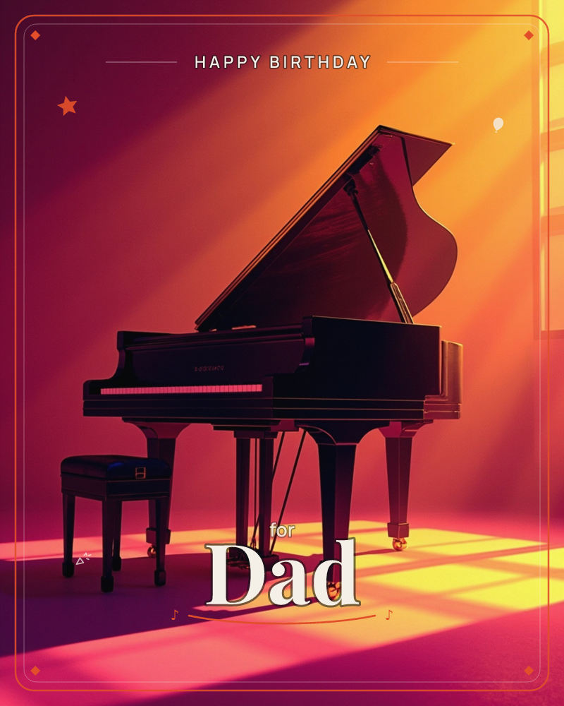A glossy black grand piano stands open in an empty room, its lid raised toward a window pouring golden-orange light across the floor, a birthday e-card design