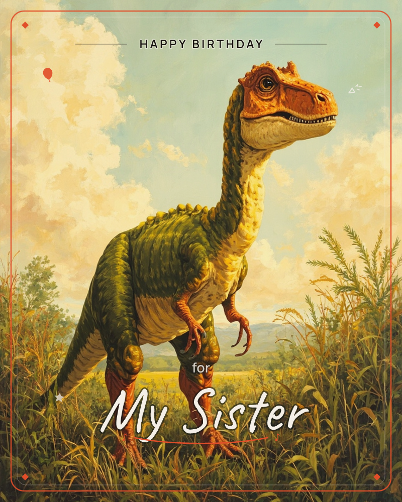 A green and rust-orange dinosaur stands alert in a sunlit grassland, its long neck curved as it gazes off to the side, a birthday e-card design
