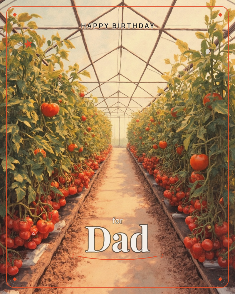 A greenhouse aisle stretches toward a glowing horizon, its metal ribs framing a hazy golden sky, a birthday e-card design
