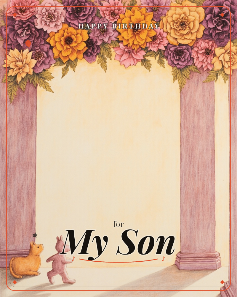 A garland of dahlias and marigolds in plum, coral and gold drapes across the top of two pink stone columns, framing a warm cream archway, a birthday e-card design