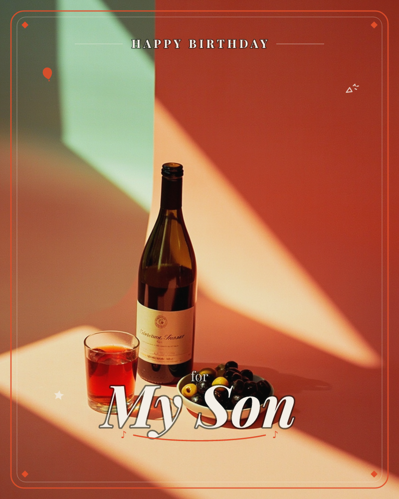 A dark wine bottle stands beside a glass of amber-red vermouth and a small dish of black and green olives, all set on a warm terracotta surface, a birthday e-card design