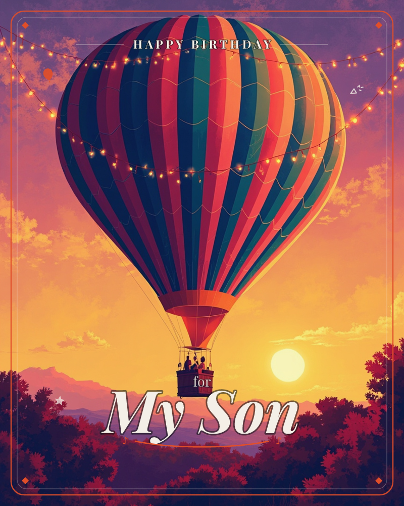 A striped hot air balloon in teal, red and gold drifts across a glowing sunset sky, strung with tiny fairy lights that arc above it like a canopy, a birthday e-card design