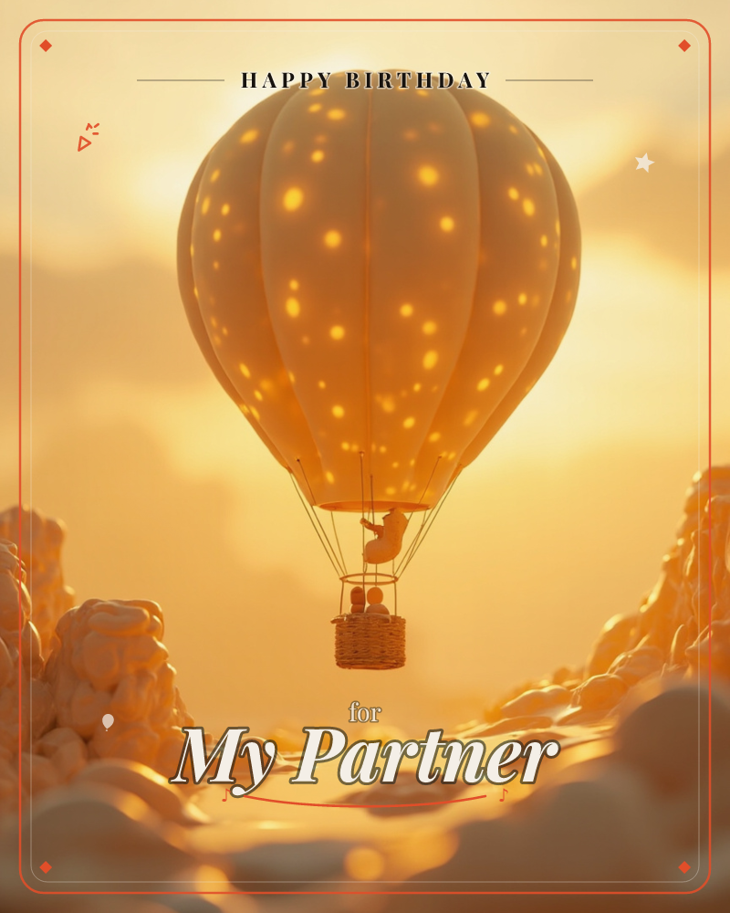 A polka-dotted hot air balloon glows amber as it drifts between sculpted, cloud-like dunes at golden hour, a birthday e-card design
