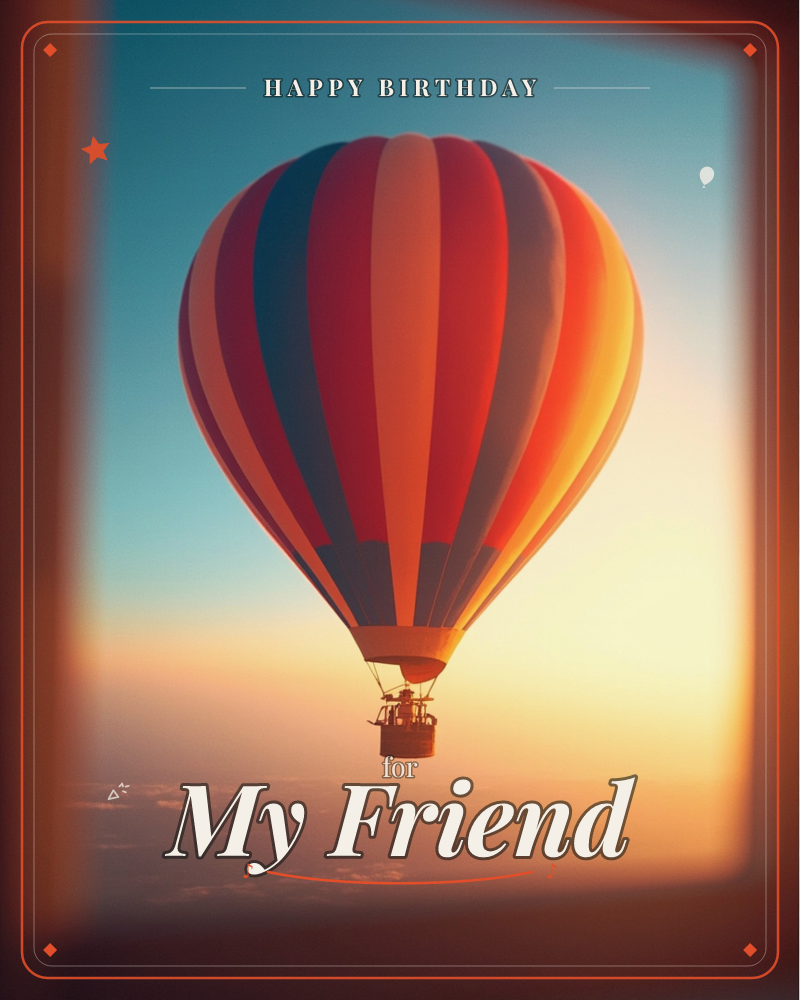 A striped hot air balloon drifts above a sea of clouds at sunset, its basket empty and silhouetted against a sky fading from blue to gold, a birthday e-card design