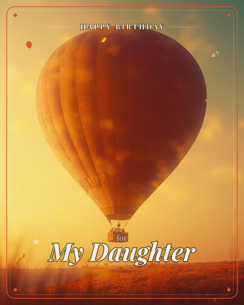 A hot air balloon drifts against a hazy, sun-flooded sky at dawn or dusk, its basket carrying a few small silhouetted figures, a birthday e-card design