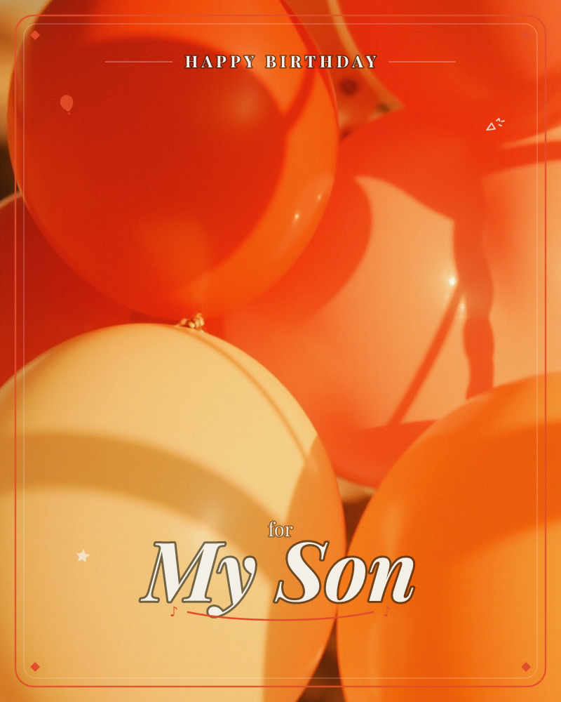 A close-up cluster of glowing balloons in shades of orange and cream, lit from behind by warm sunlight that turns each one translucent, a birthday e-card design