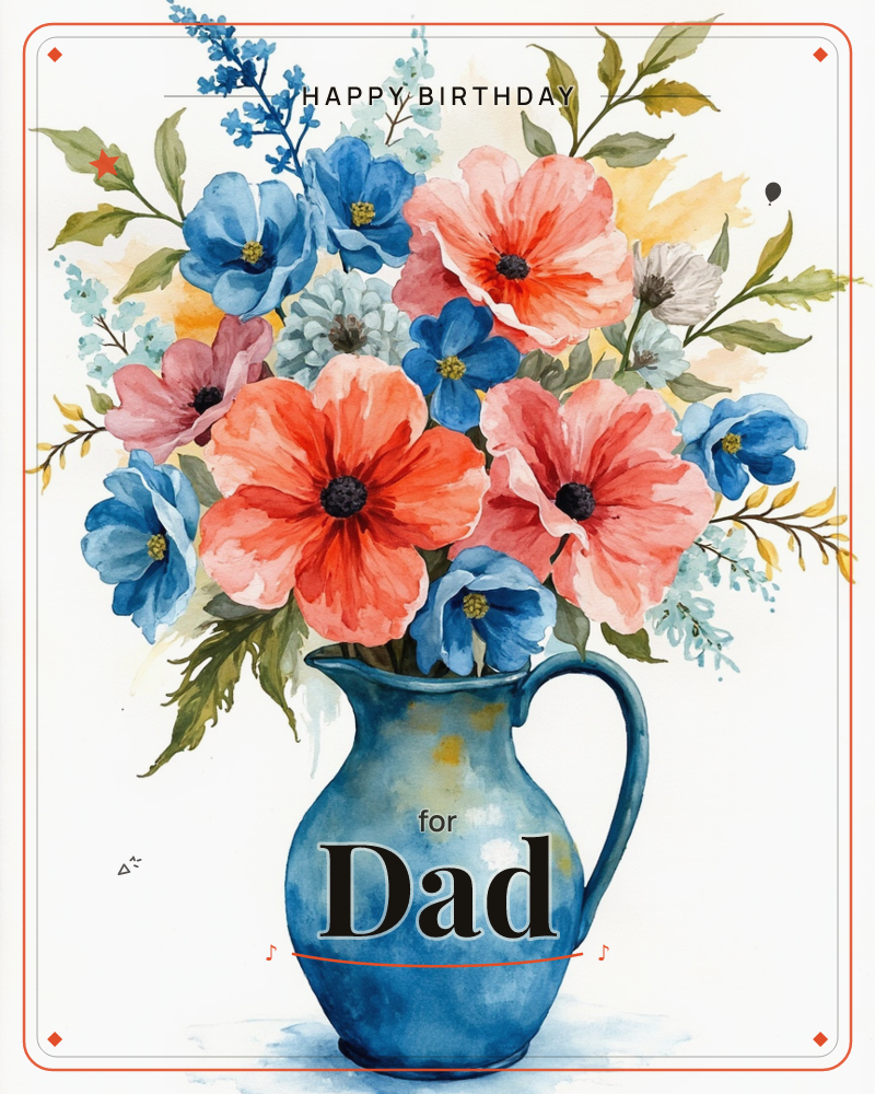A watercolour bouquet of coral-red poppies and blue anemones spills from a stout blue pitcher, with sprigs of pale forget-me-nots and soft green…, a birthday e-card design