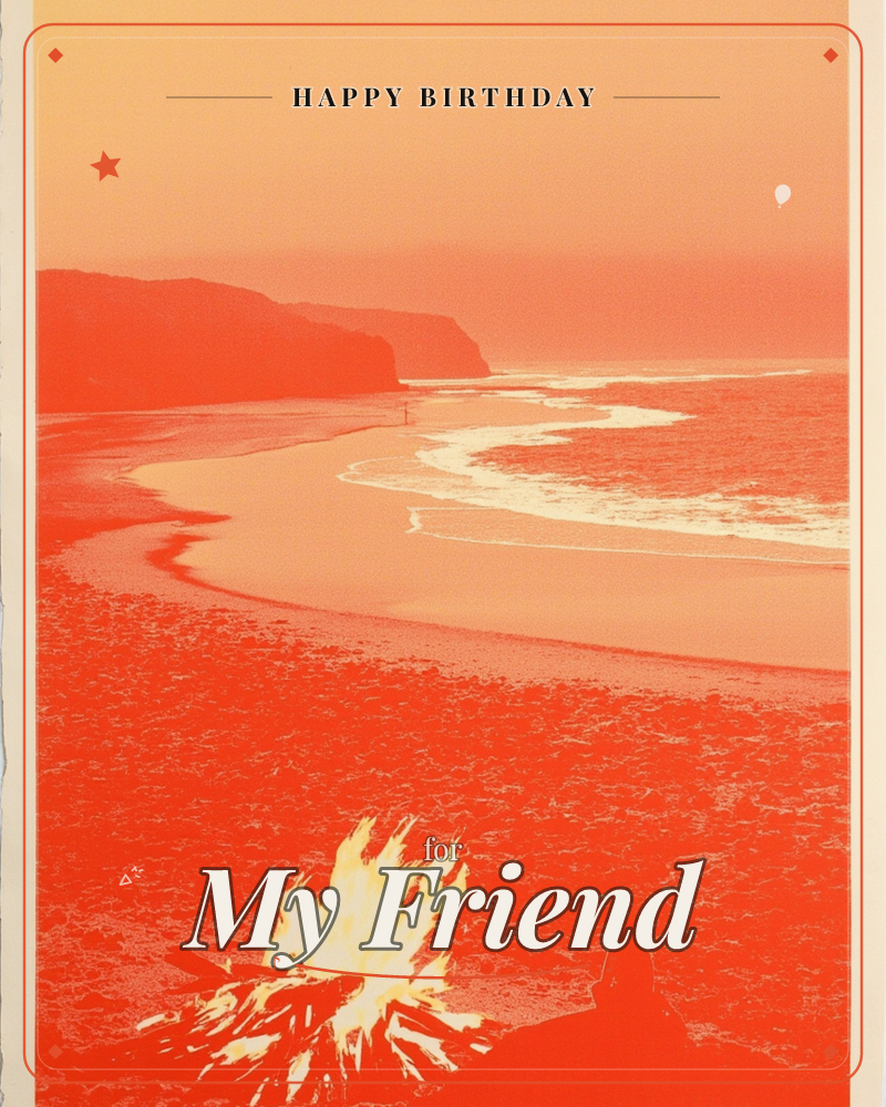 A monochrome sunset-orange print of a curving beach seen from above, with a distant headland fading into haze and a single small figure walking along…, a birthday e-card design