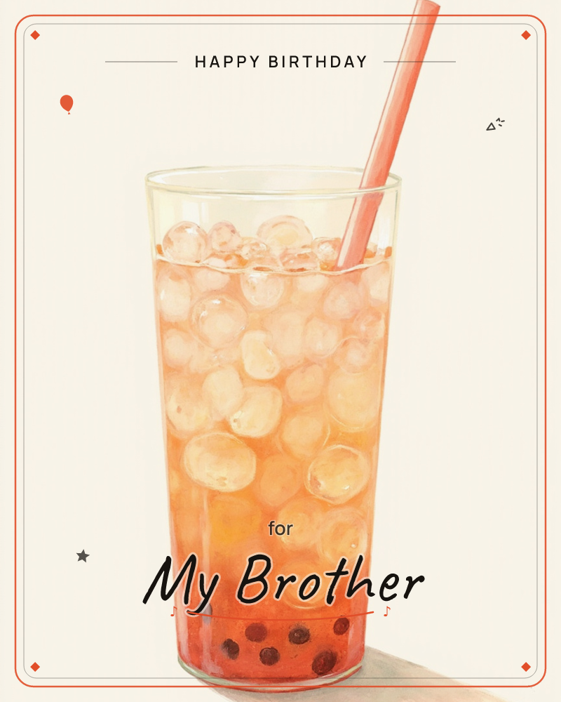 A tall glass of orange-hued iced tea sits against a plain cream background, packed with ice cubes and a pink straw jutting out at an angle, with dark…, a birthday e-card design