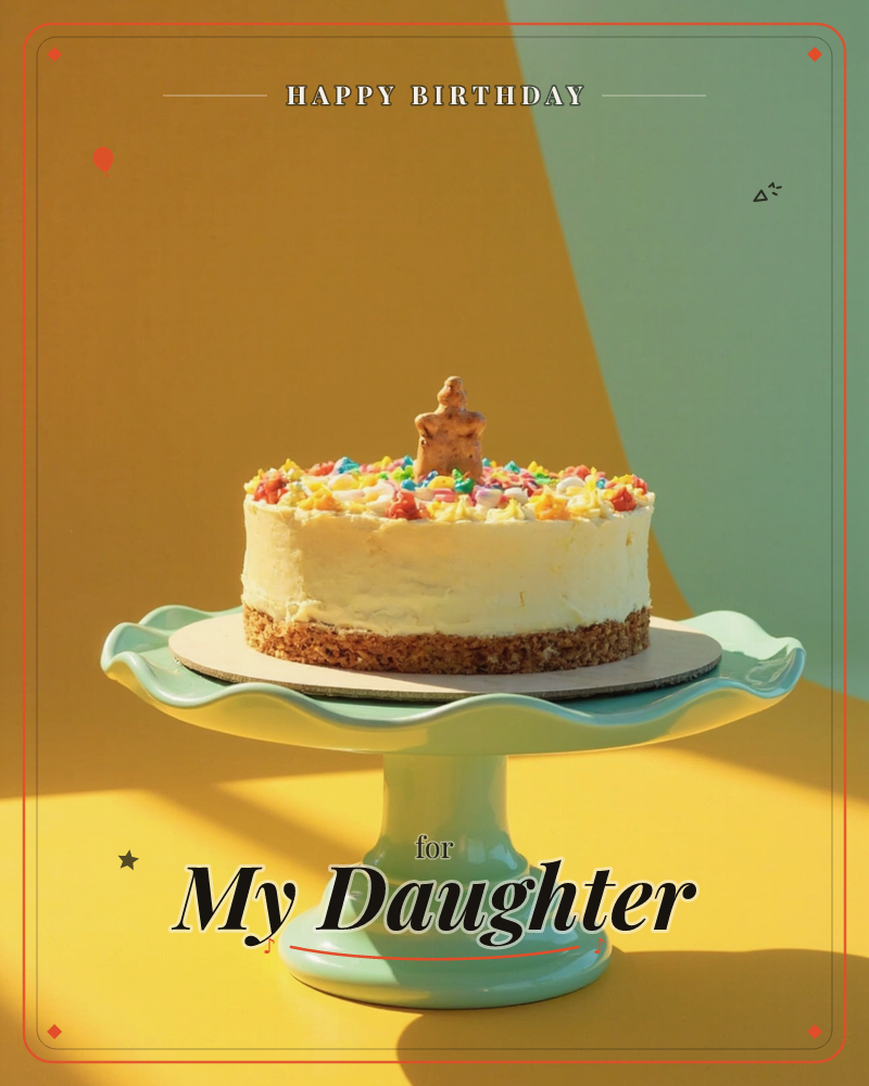 A frosted round cake sits on a wavy-edged pastel green cake stand, topped with a small star-shaped biscuit and a scatter of colourful star sprinkles, a birthday e-card design