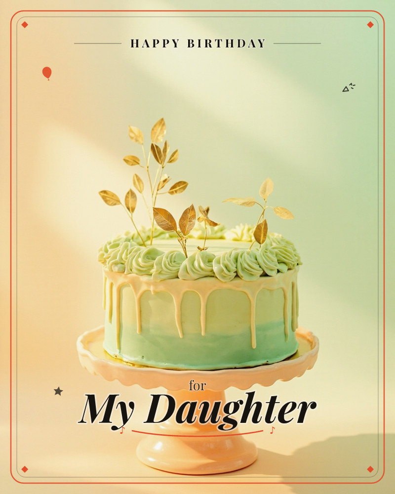 A pale mint-green cake sits on a scalloped peach pedestal stand, its sides coated in a pastel drip and the top piped with soft rosettes, a birthday e-card design